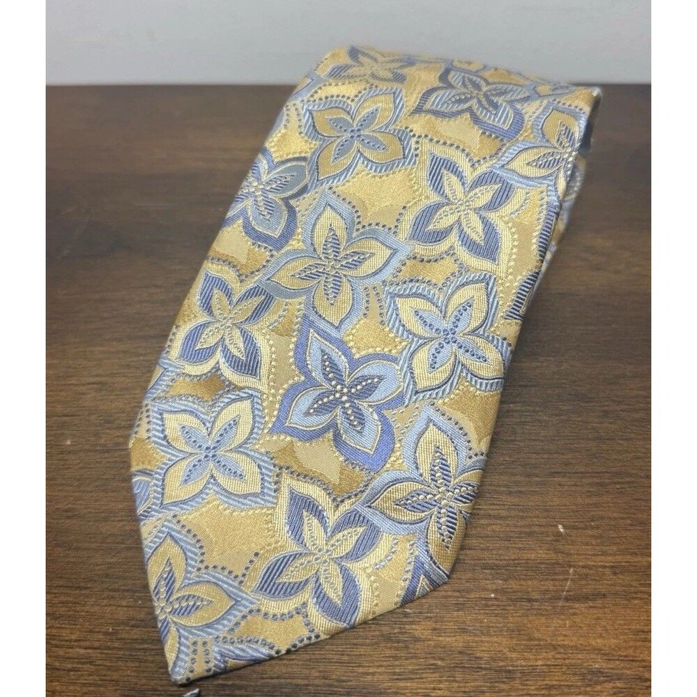 Jos A Bank Signature Collection Tie Gold Yellow Blue Floral Silk Made Italy 60”
